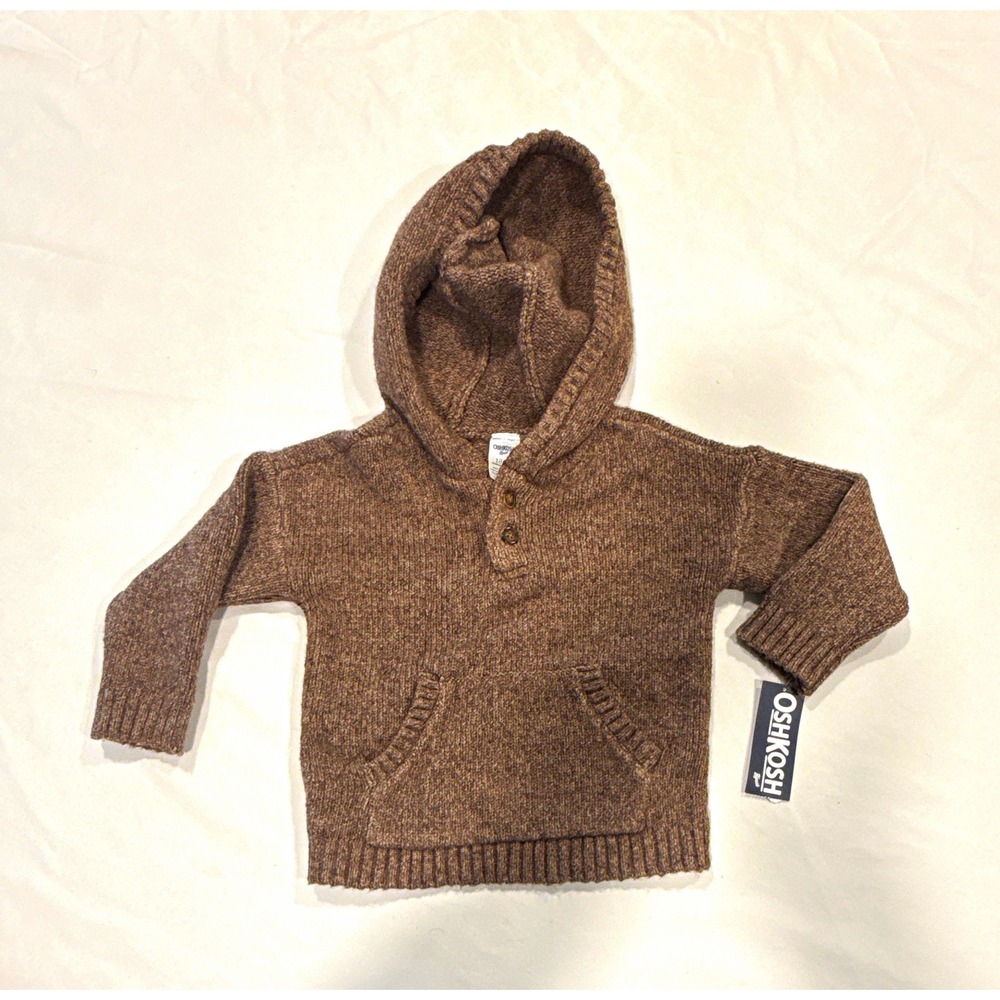 OshKosh B'gosh Hooded Brown Knit Pullover Sweater Pouch Pocket Solid 18M